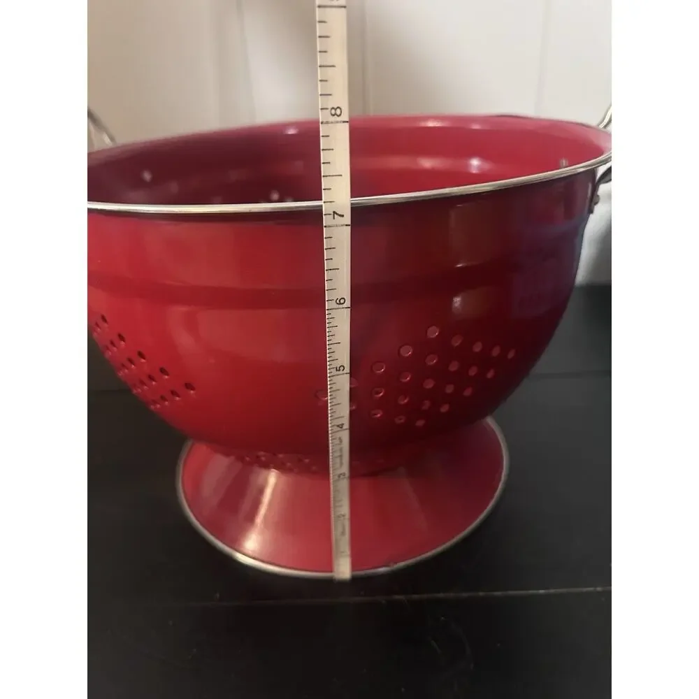 Vintage Red Enamel Colander Strainer Footed Pedestal Retro